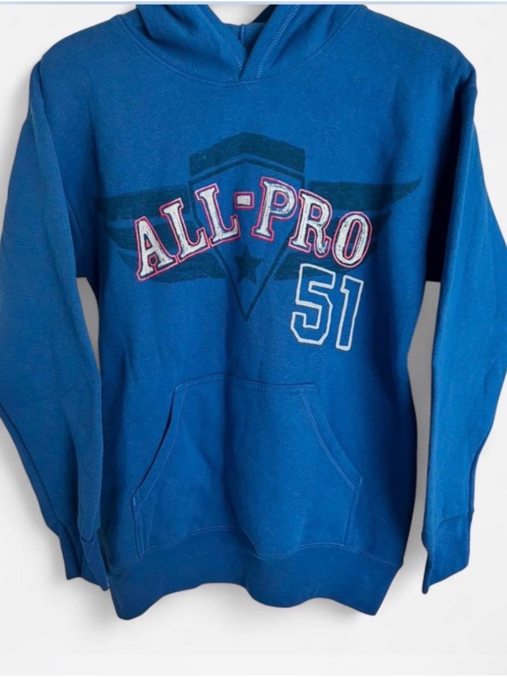 Hanes Boy’s L (10-12) EcoSmart Fleece Hoodie Blue "ALL PRO 51" Graphic W/FLAW